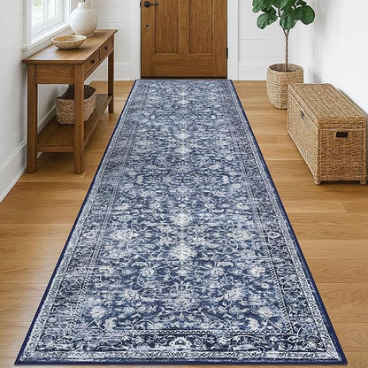 KILOCOCO Hallway Runner 3x10 Rug Runner Printed Vintage Floral Washable Kitchen Runners Non-Slip Rubber Backed Runners for Hallways Laundry Room Distressed Boho Rugs for Entryway Bedroom, Blue