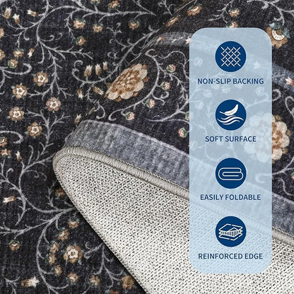 GarveeHome Boho 2x6 Runner Rug for Hallways Non Slip, Vintage Botanical Kitchen Rugs Washable Area Rug for Entryway Stain Resistant, Low Pile Soft Runner Blue Carpet for Bedroom Floor Laundry Room