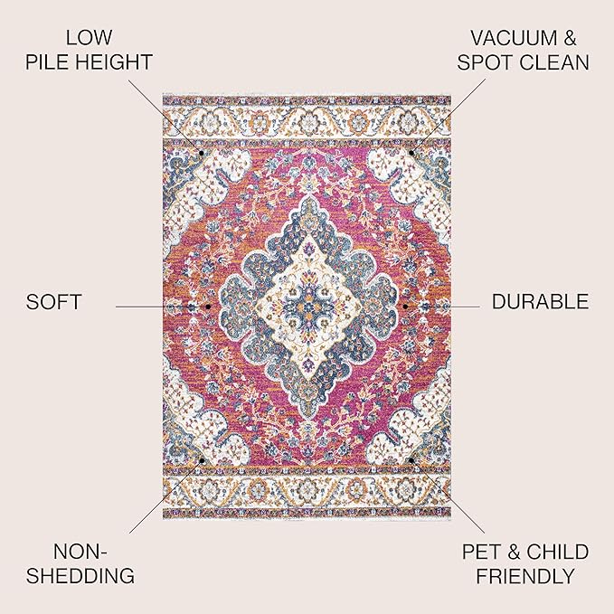 JONATHAN Y Boho Vintage Fuchsia/White Indoor Area Rug, 3x5, Bohemian Flair Medallion, Floral Easy-Cleaning High Traffic for Living Room, Bedroom, Kitchen, Pet-Friendly, Non-Shedding (BMF106C-3)