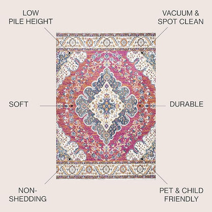 JONATHAN Y Boho Vintage Fuchsia/White Indoor Area Rug, 5x8, Bohemian Flair Medallion, Floral Easy-Cleaning High Traffic for Living Room, Bedroom, Kitchen, Pet-Friendly, Non-Shedding (BMF106C-5)