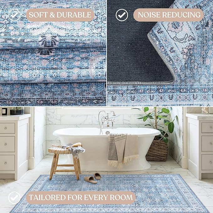 Fame Living Washable Area Rug. Modern Farmhouse. Vintage. Turkish. Bohemian. Distressed. Oriental. Traditional. Rugs for Living Room. Dining. Bedroom. Office. Entryway. Foyer. (866CBl, 2'5" x 9'8")