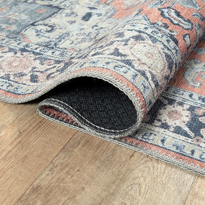 Bloom Rugs Washable Non-Slip 5' x 7' Rug - Coral/Blue Traditional Medallion Area Rug for Living Room, Bedroom, Dining Room, and Kitchen - Exact Size: 5' x 7'