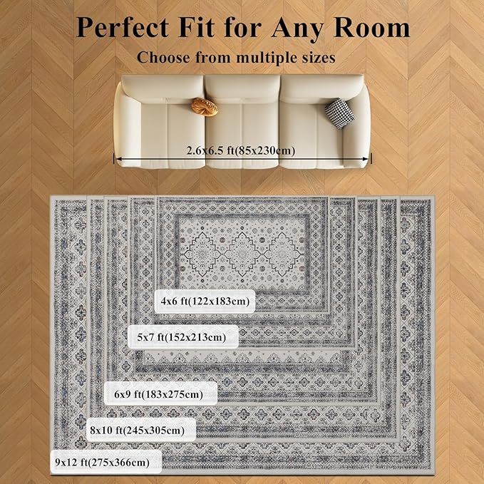 Washable Rugs 5x7 Area Rugs for Living Room, Thin carpet for Bedroom, Soft Faux Wool Retro Dining Room Rug，Non Slip&Non-Shedding Resistant Low Pile Vintage Print Rug for Home Office (White Cream/Gray)