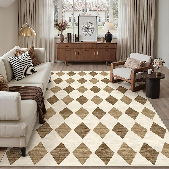 6x9 Checkered Area Rugs for Living Room Brown Machine Washable Large Rug Non-Slip Stain Resistant Low Pile Boho Accent Indoor Throw Carpet for Bedroom Dining Room Classroom