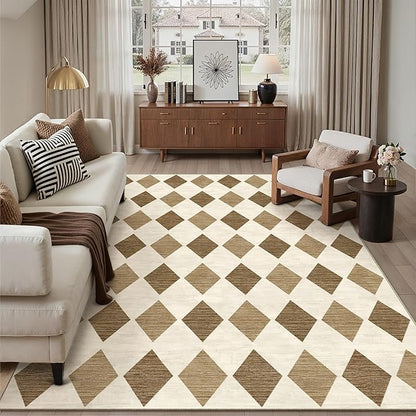 6x9 Checkered Area Rugs for Living Room Brown Machine Washable Large Rug Non-Slip Stain Resistant Low Pile Boho Accent Indoor Throw Carpet for Bedroom Dining Room Classroom