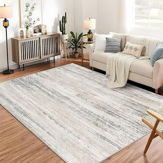 MUJOO 5x7 Washable Area Rug,Modern Abstract Rugs for Living Room Bedroom Dining Room,Large Non Slip Carpet Indoor,Low Pile Throw Rug Accent Neutral Beige and Grey