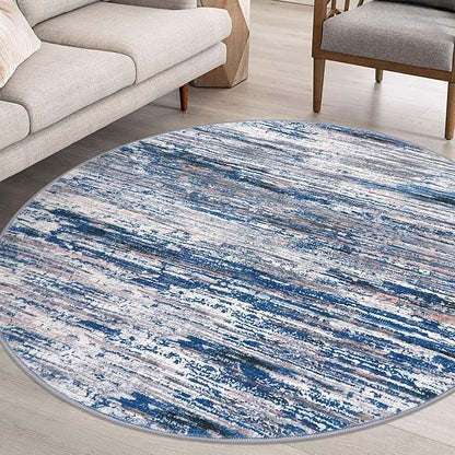 6' Round Rug Washable Rug for Entryway, Navy Blue Gray Neutral Multi Soft Non-Slip Area Rugs Modern Abstract Low-Pile Carpet, Neutral Vintage Circle Rugs for Living Room Dining Bedroom Foyer