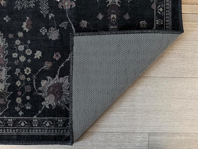 GLN Rugs Traditional Collection - Machine Washable Area Rug, Traditional Washable, Non Slip, Low Pile Chenille Rug, Living Room, Bedroom, Kitchen Rug (2'6" x 10' Black)