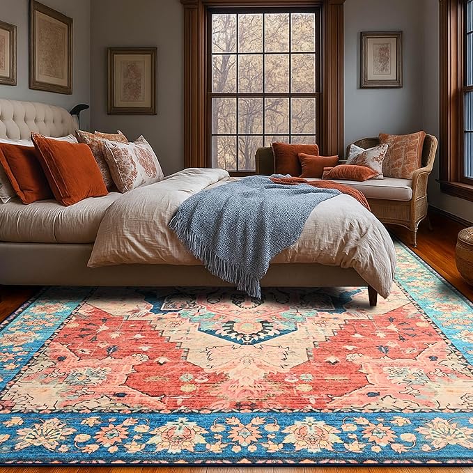 YJ.GWL Area Rugs for Living Room 5x7 Machine Washable Rugs, Non Slip Floral Vintage Rug Indoor Carpet, Stain Resistant Large Rug for Bedroom Dining Room, Red Blue Gradient Color