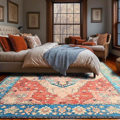 YJ.GWL Area Rugs for Living Room 5x7 Machine Washable Rugs, Non Slip Floral Vintage Rug Indoor Carpet, Stain Resistant Large Rug for Bedroom Dining Room, Red Blue Gradient Color