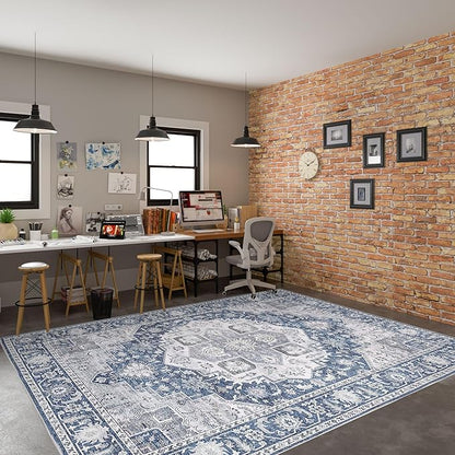 DUKINO 9x12 Rugs for Living Room, Soft Non-Slip Washable Area Rugs, Faux Wool Bedroom Rug with Non-Shedding, Indoor Low-Pile Boho Rugs for Dining Room, Home Office, Blue