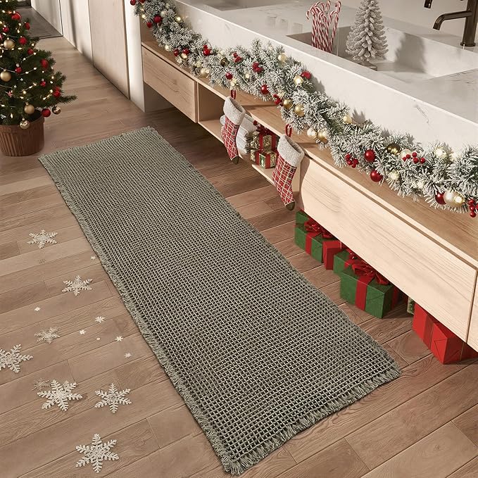 Upgraded Christmas Waffle Runner Rug Super Absorbent Non Slip Bath Mats for Bathroom Floor Washable Bathroom Runner Rug with Tassels, Ideal for Hallway Bedroom Laundry Room, Green, 2' x 5'(24" x 60")