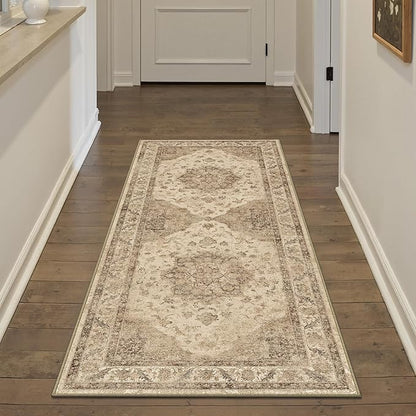Brown Runner Rug 2x6 Washable Vintage Long Carpet for Hallway Kitchen Soft Retro Low Pile Thin Indoor Runner Non Slip Oriental Medallion Throw Rug for Bathroom Bedroom Laundry Dining Room