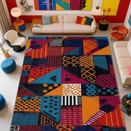 Geometric Rug, Patchwork Abstract Art Area Rug 6x8, Multicolor Retro Aesthetic Low Pile Non Skip Carpets Home Decor #C022