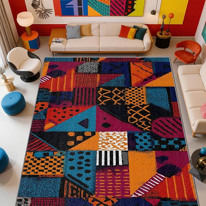 Patchwork Living Room Rug - Geometric Abstract Rug, 7x9 Area Rugs, Multicolor Retro Aesthetic Washable Foldable Large Carpet Home Decor #C024