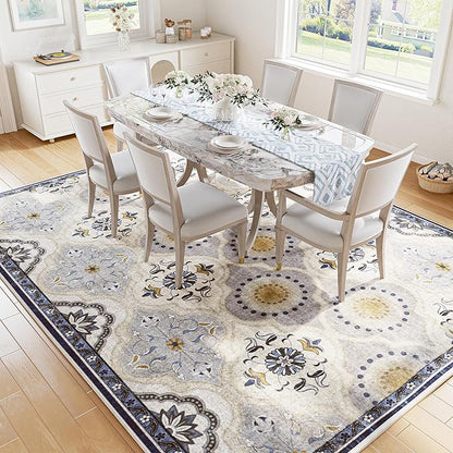 EnHomee Area Rugs 5x7, Soft Washable Rugs for Living Room Bedroom, Boho Non Slip Low Pile Stain Resistant Washable Rug Large Carpet for Dining Room,Easy to Clean Living Room Rug, Blue