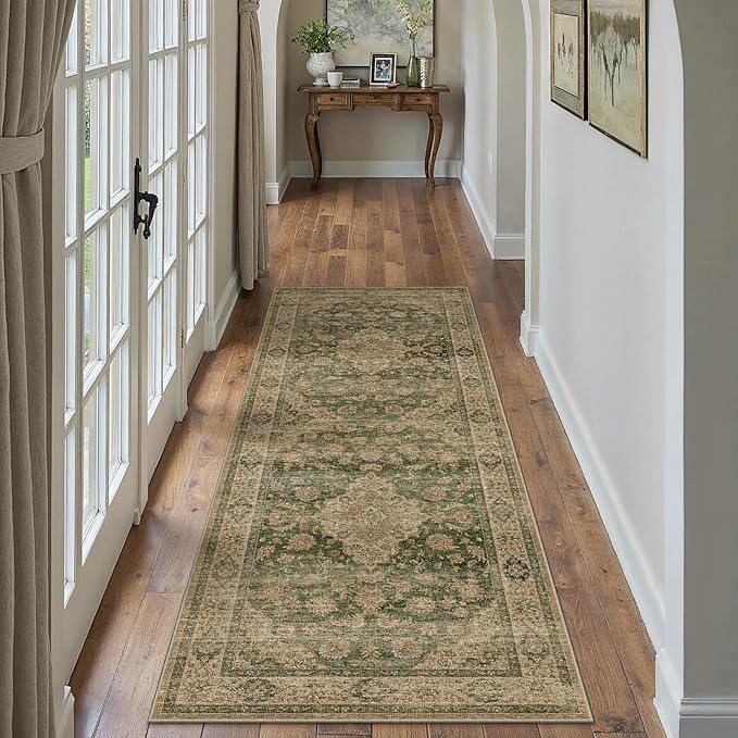 HUGEAR 2x6 Runner Rug Hallway Machine Washable Retro Green Vintage Floral Low Pile Carpet Distressed Long Throw Rug Bedroom Office Bathroom Kitchen Laundry Non Slip Soft Lightweight
