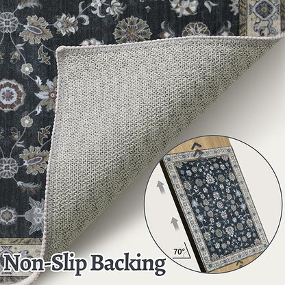 Tangsoo 2.6x10 Washable Runner Rug for Hallways, Floral Vintage Runner Rug Non Slip, Soft Low Pile Long Rug Runner, Black Carpet Runners for Kitchen Bedroom Entryway Living Room