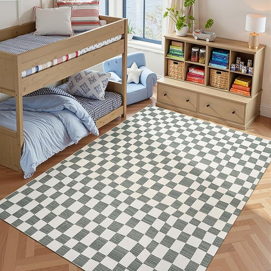 jinchan 6x9 Checkered Area Rugs for Kids Room - Machine Washable Soft Rug Modern Geometric Lattice Non-Slip Carpet for Nursery Playroom Classroom Living Room Bedroom Dining Room Home Office Grey