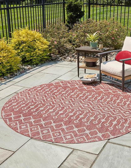 Unique Loom Outdoor Trellis Collection Area Rug - Tribal Trellis (3' 3" Round, Rust Red/ Ivory)