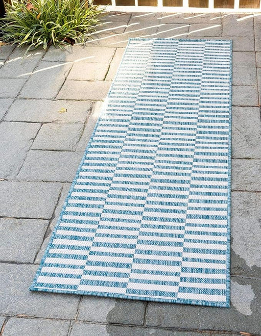 Unique Loom Outdoor Striped Collection Area Rug - Striped (2' x 6' 1" Runner, Light Aqua/Ivory)