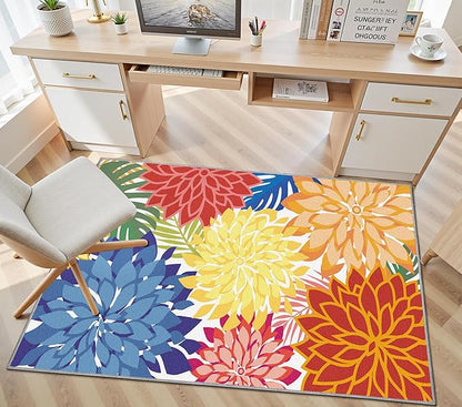 Colorful 3x5 Washable Rug for Living Room Tropical Botanical Modern Floral Chenille Area Rugs Low Pile Non Slip Carpet for Patio, Bedroom, Laundry, Rainbow