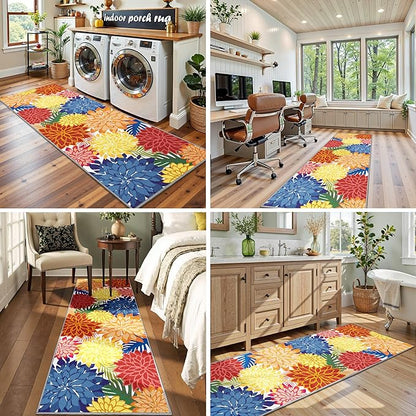 Colorful 2x6 Washable Runner Rug for Hallway Tropical Botanical Modern Floral Chenille Kitchen Rugs Low Pile Non Slip Carpet for Patio, Bedroom, Laundry, Rainbow