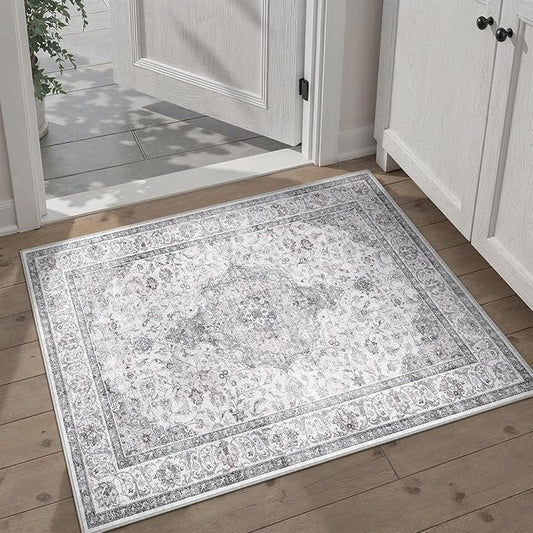 HUGEAR 2x3 Entryway Area Rug Vintage Grey Small Rug Machine Washable Door Mat Neutral Floral Low Pile Carpet Vacuumable Thin Throw Rug Entrance Kitchen Bathroom Bedroom Non Slip Lightweight