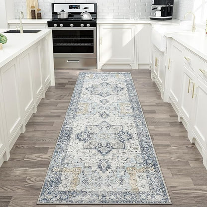 GENIMO Runner Rug 2'6"x12, Non Slip Vintage Hallway Runner Rugs, Low Pile Lightweight Machine Washable Mat for Hallway, Entryway, Bedroom, Kitchen and Corridor, Blue