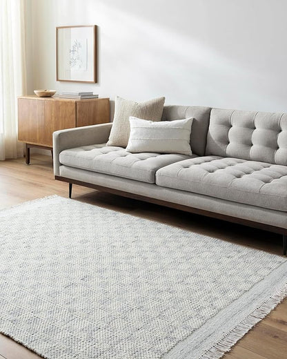 Mark&Day Wool Rugs, 2x3 Clinten Solid and Border Light Slate Checkered Rug, Cream Grey Carpet for Living Room, Bedroom or Kitchen (2' x 3')