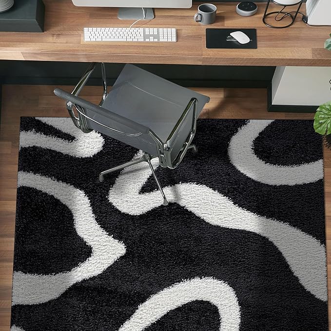 Rugshop Abstract Wavy Shag Area Rug Anthracite Dark Gray 4' x 6' Ideal for Small Living Rooms, Offices, or Beside The Bed