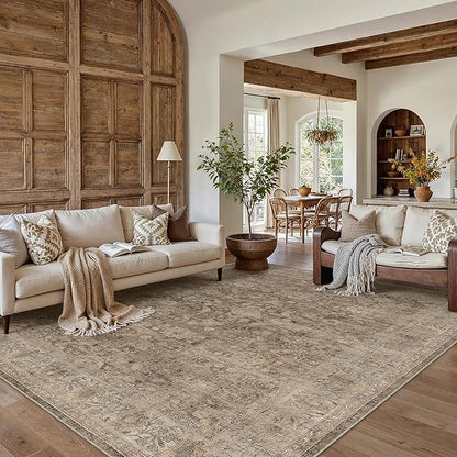 9x12 Rust Brown Area Rug for Living Room Bedroom Neutral Soft Non Slip Rug Low Pile Vintage Distressed Large Carpet for Dining Room Nursery Office Indoor