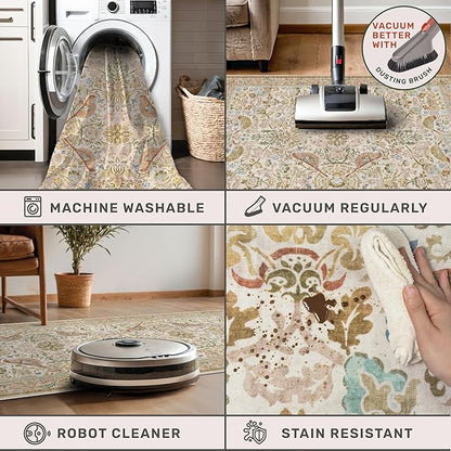 Washable Area Rugs 5x8 for Bedroom - Western Nature Rugs for Living Room, Dinning Room,Playroom, Guest Room with Boho Beige Neutral Botanical & Bird Pattern, Non Slip Stain Resistant Low Pile