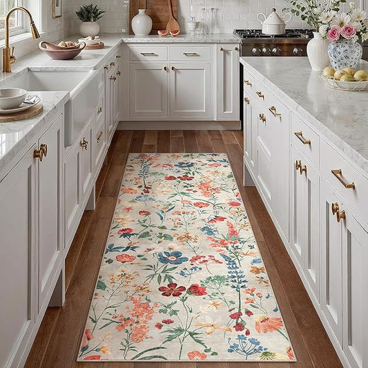 Floral Runner Rug 2x6 Washable Hallway Long Beige Bedroom Carpet Non Slip Indoor Boho Kitchen Low Pile Accent Rug Lightweight Soft for Bathroom Dining Laundry Living Room