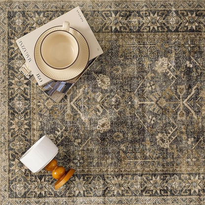 5x7 Brown Black Area Rug for Living Room Washable Vintage Distressed Carpet Bedroom Low Pile Non Slip Indoor Soft Retro Throw Accent Rug Office Kitchen Bathroom Dining Room