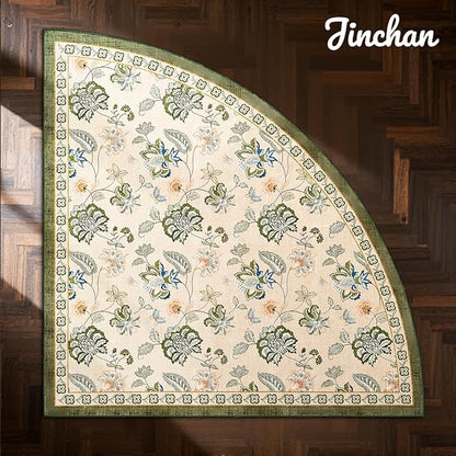 jinchan Elora Floral Corner Rug for Living Room Washable Bedroom Rug Vintage Romance Design Non Slip Quarter Circle Lightweight Low-Pile Throw Carpet for Reading Nook Playroom,6ft Radius, Green/Beige