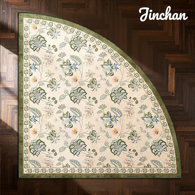 jinchan Elora Floral Corner Rug for Entryway Washable Kitchen Rug Vintage Romance Design Non Slip Quarter Circle Lightweight Low-Pile Throw Carpet for Playroom Reading Nook, 4ft Radius, Green/Beige