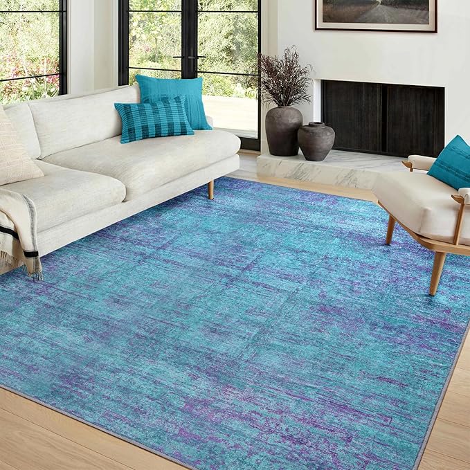 Abstract 4x6 Area Rug, Modern Indoor Entryway Rugs, Washable Soft Non-Slip Accent Carpet Door Mat for Dining Room Kitchen Bedroom - Teal+Purple