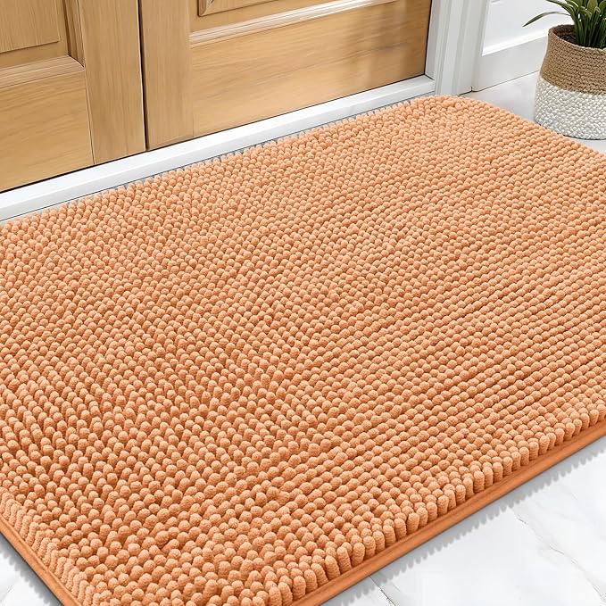 OLANLY Dog Door Mat for Muddy Paws 34x21, Absorbs Moisture and Dirt, Absorbent Non-Slip Washable Doormat, Quick Dry Chenille Mud Mat for Dogs, Entry Indoor Entryway Carpet for Inside Floor, Orange