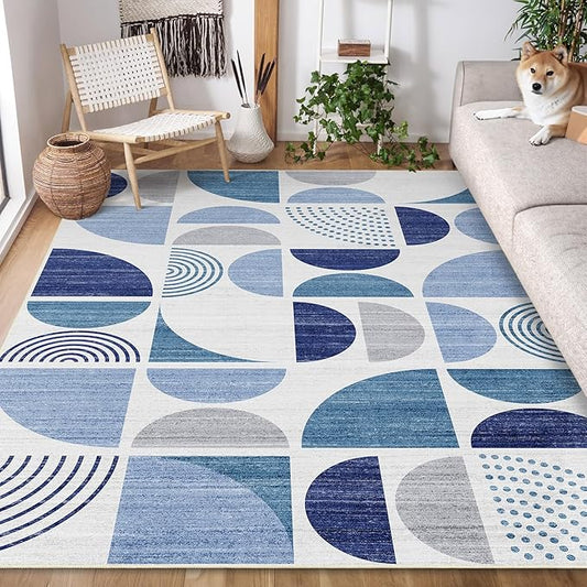 MUJOO 5x7 Area Rugs Washable,Blue Boho Rugs for Living Room Bedroom Playroom,Large Throw Floor Carpet Non Slip Soft Modern Abstract Navy Blue
