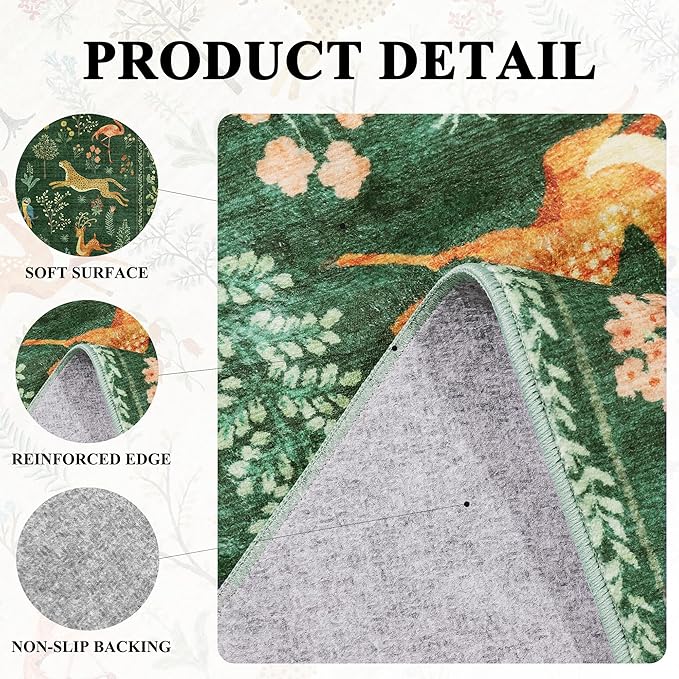 DUKINO 8x10 Rug, Washable Animal Living Room Rug with Non Slip Vintage Design, Soft Low Pile Large Carpet for Bedroom, Nursery, Dining Room, Farmhouse, Playroom, Green