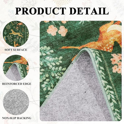DUKINO 3x5 Rug, Washable Animal Area Rug with Non Slip Vintage Design, Indoor Soft Low Pile Carpet for Bedroom, Nursery, Dining Room, Farmhouse, Playroom, Green