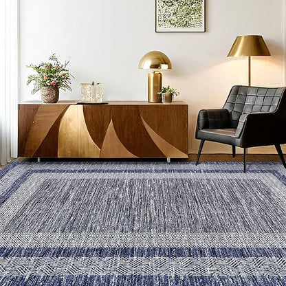 GarveeHome 9x12 Large Modern Navy Blue Area Rug Distressed Bordered Soft Non Shedding Floor Carpet, Geometric Washable Non Slip Low Pile Indoor Area Rug for Living Room, Bedroom