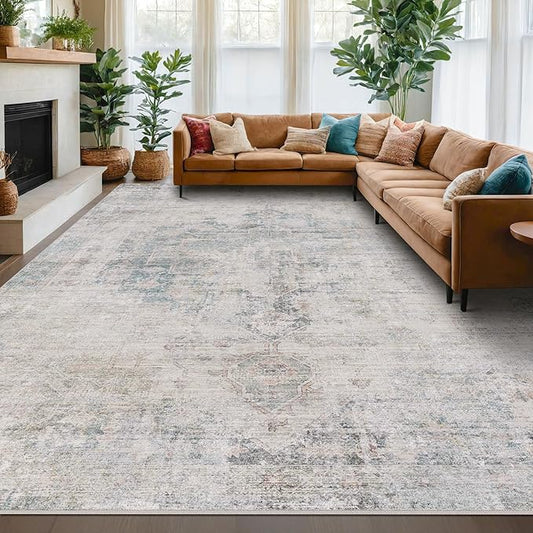 Modern Farmhouse Area Rug for Living Room - 10x14 Blue Gray Big Rug for Dining Room Table, Lightweight Foldable Low Pile Washable