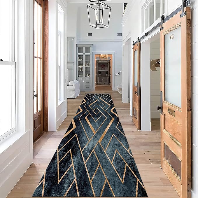 Navy Blue Gold Geometric Rug Runners for Hallways, 2x10ft, Modern Gold Line Indoor Carpet, Minimalist Art Durable Fade Resistant Rugs, Anti-Skid High Traffic Rugs for Kitchen LaundryRoom