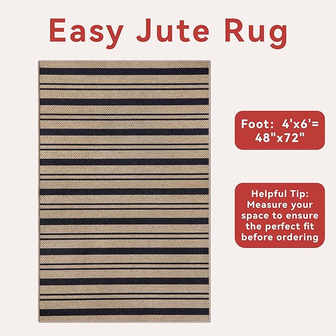 Tangsoo Stripe Easy Jute Rug 4x6 for Paito,Thin Non-Slip Indoor Outdoor Black Door Carpet,Washable Farmhouse Throw Mat for Front Porch Kitchen Bedroom Foyer