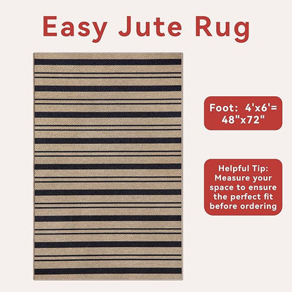 Tangsoo Stripe Easy Jute Rug 4x6 for Paito,Thin Non-Slip Indoor Outdoor Black Door Carpet,Washable Farmhouse Throw Mat for Front Porch Kitchen Bedroom Foyer