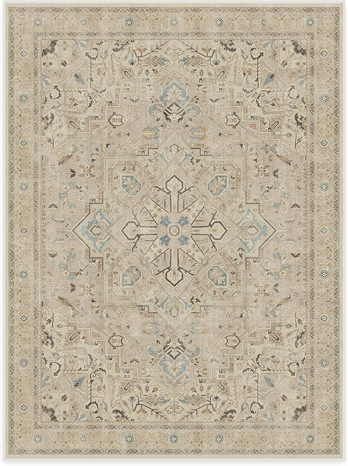 RUGGABLE Washable Vintage Area Rug – Kamran Ivory Opal 9x12, Stain-Resistant, Non-Slip – Large Machine Washable Rugs for Living Room, Bedroom, Hallway, Entryway & Office–with Cushioned Pad