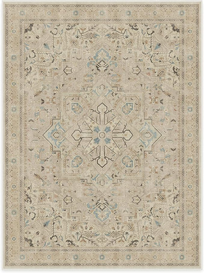 RUGGABLE Washable Vintage Area Rug – Kamran Ivory Opal 9x12, Stain-Resistant, Non-Slip – Large Machine Washable Rugs for Living Room, Bedroom, Hallway, Entryway & Office–with Cushioned Pad