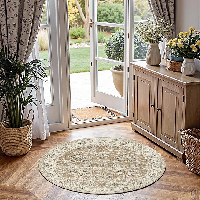 jinchan Fiora Round Rug 4ft Area Rug - Indoor Vintage Hallway Circle 4' Washable - Ultra-Thin Low Pile Soft Small Non Slip Distressed Floral Print for Living Room Dining Room Bedroom Entryway Taupe